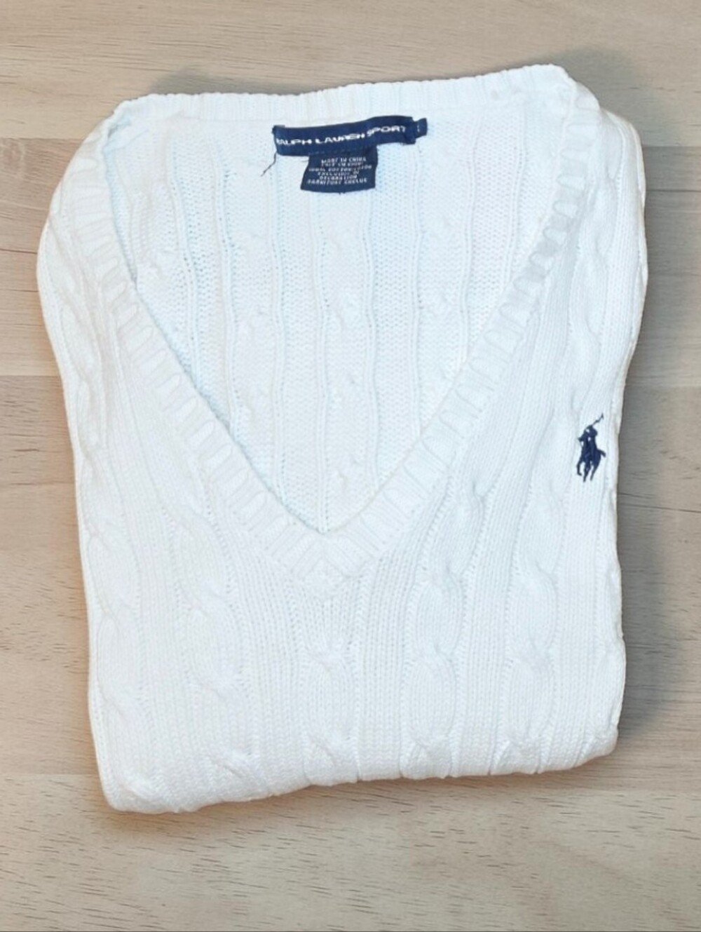 Ralph Lauren White Cable-Knit V-Neck Sweater with Navy Polo Logo Size-L